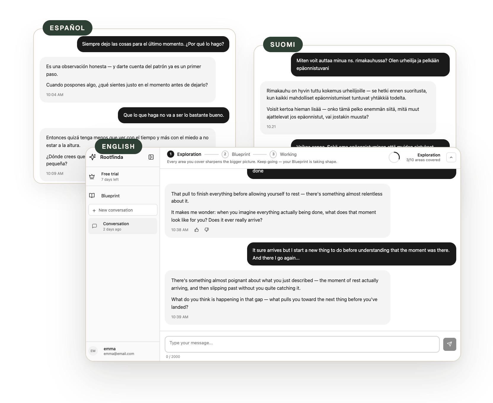 Rootfinda chat in Spanish, Finnish and English
